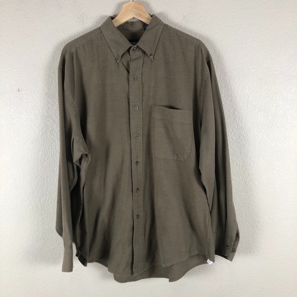 Lands End Shirt Men L Tan Stipe Button Down Cotton Business Casual Classic Prep